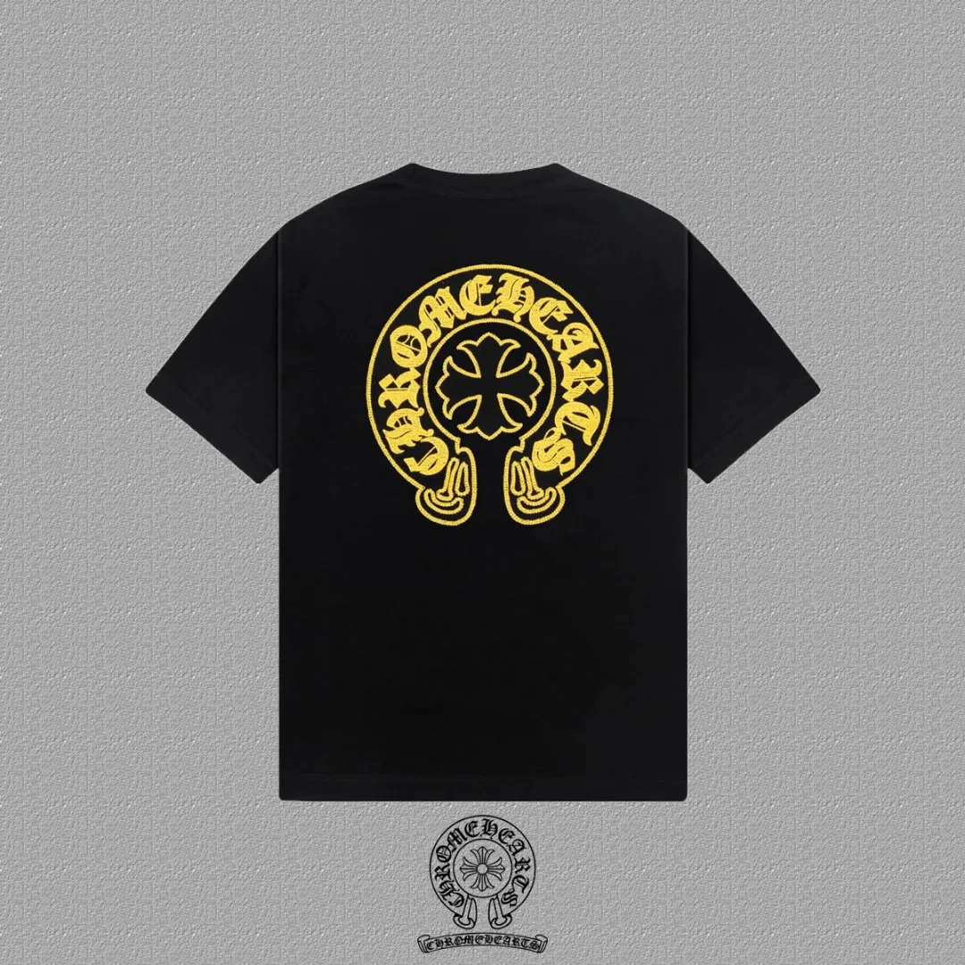 🅿️200 [CH Crow Heart] 2025FW short-sleeved T-shirt, hollow embroidery with arch bridge embroidery, high-end 26s double yarn 300g fabric, heavy fabric, custom stretcher rib, same vat and dye, complete three standards, same style for men and women, color: black, white, size: S M L XL 2XL